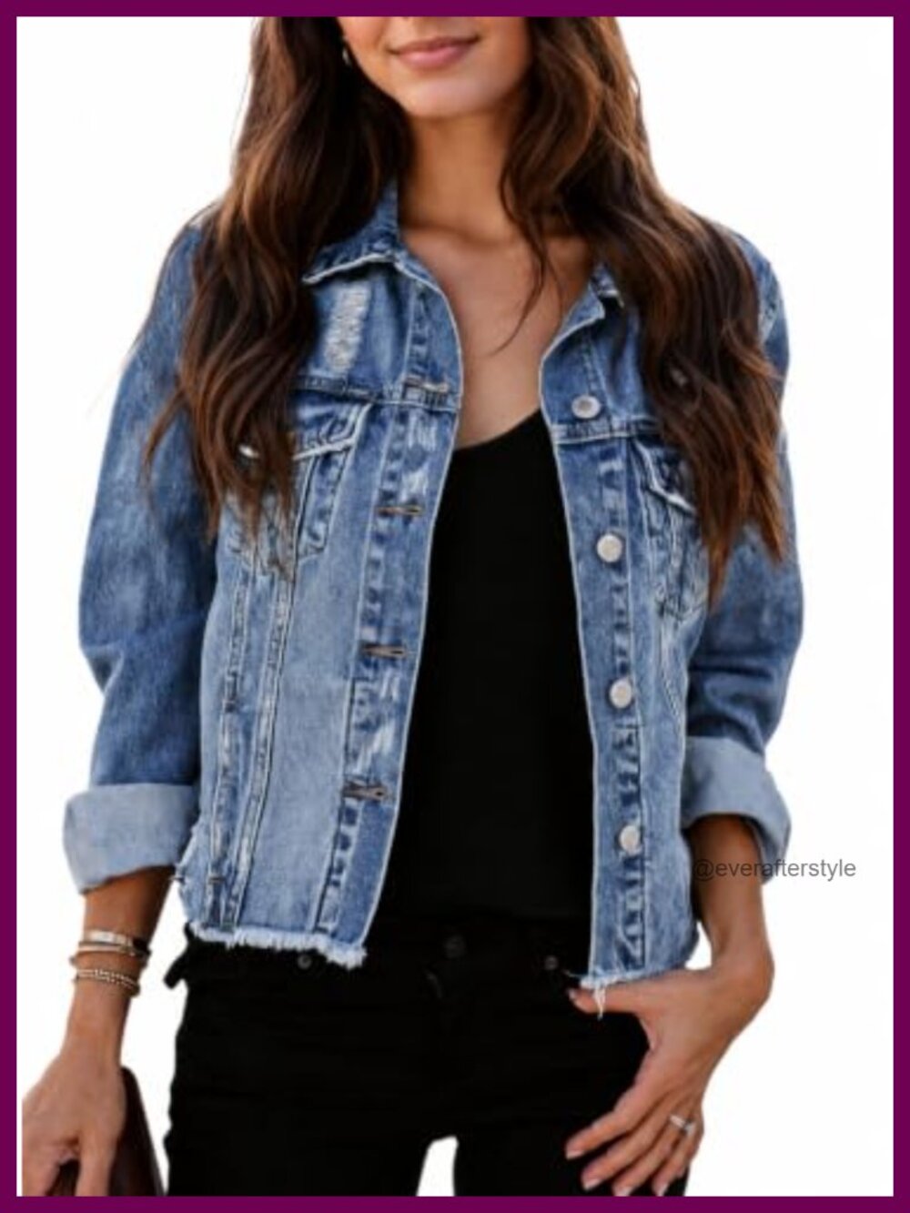 Womens Distressed Denim Jean Jacket Button Down Western Coat